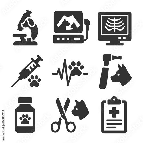 Set of veterinary icons: microscope, ultrasound, x-ray, syringe, heartbeat, otoscope, medicine, scissors, clipboard.