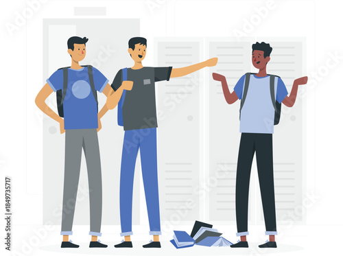 Three young men standing in front of lockers with books on the floor young adults teenagers students