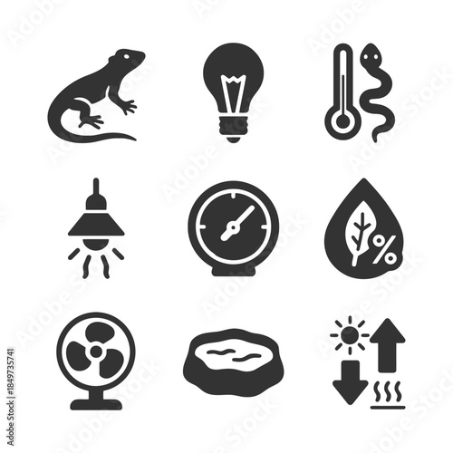 Lizard energy symbols thermometer led icons fan humidity.