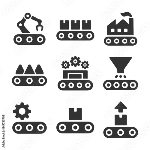 Industrial conveyor icons with robot arms, gears, factory, and conveyor belts.