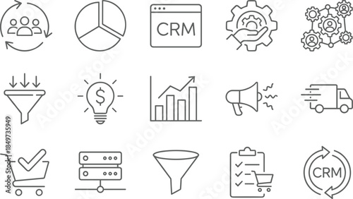 business, crm, marketing, sales, line, icons, set, analytics, automation, workflow, strategy, management, funnel, growth, data, optimization, ecommerce, logistics, communication, technology