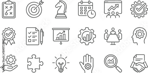 business, strategy, management, planning, analytics, line, icons, set, teamwork, leadership, growth, performance, optimization, workflow