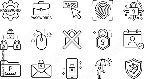 Cyber security password protection line icons set, biometric access lock data privacy authentication digital safety concept illustration vector