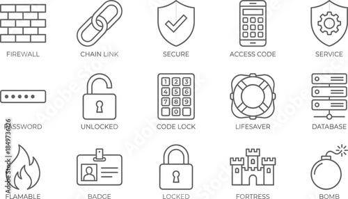 Cybersecurity line icons set, firewall password lock database secure access code protection system safety concept illustration business network digital technology