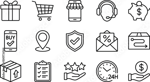 ecommerce, shopping, payment, customer, service, line, icons, set, online, store, delivery, support, secure, transaction, retail, business, marketing, checkout, order, finance