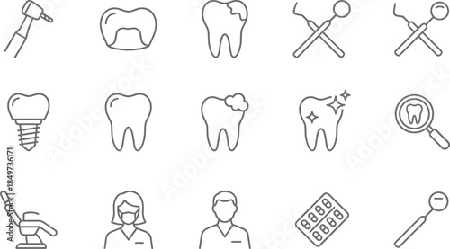 Dental care line icons set illustrating tooth treatment hygiene tools implants orthodontics examination professional dentistry medical vector outline symbols