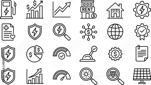 Energy finance and real estate line icons set illustrating electric power investment analytics security sustainability growth vector outline symbols concepts