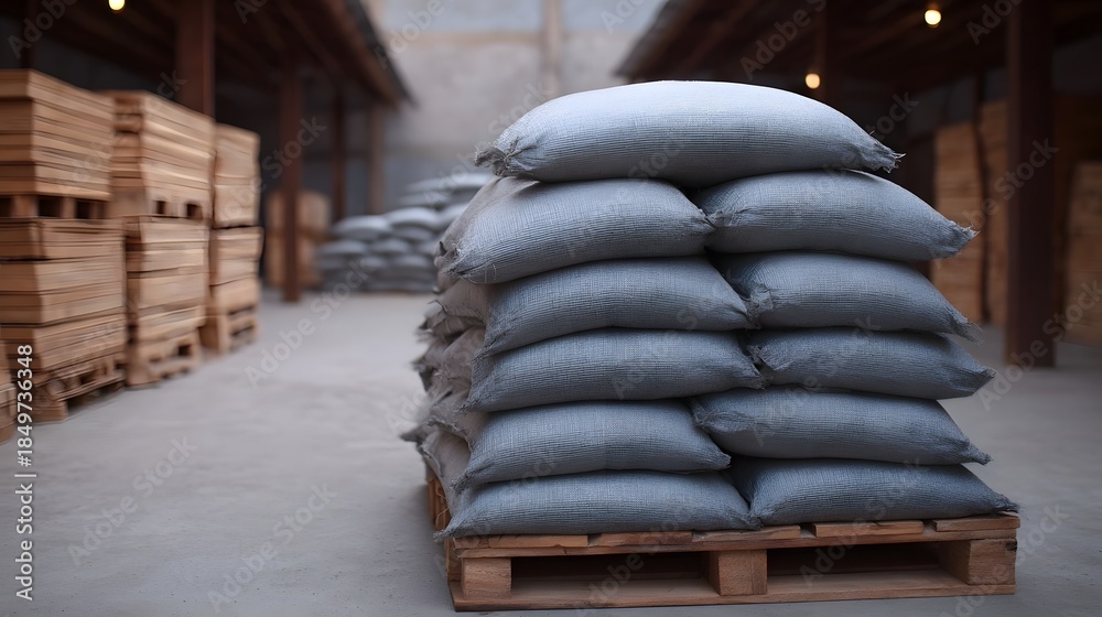 Obraz premium Stacks of gray sacks on wooden pallets inside an industrial warehouse