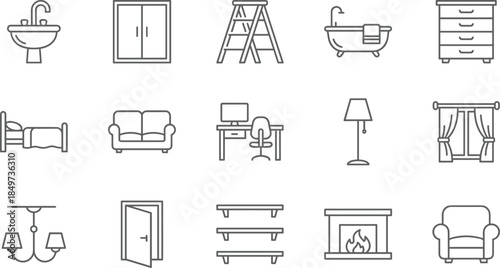 Home interior furniture line icons set, modern household items, living room bedroom bathroom, minimalist outline illustration collection