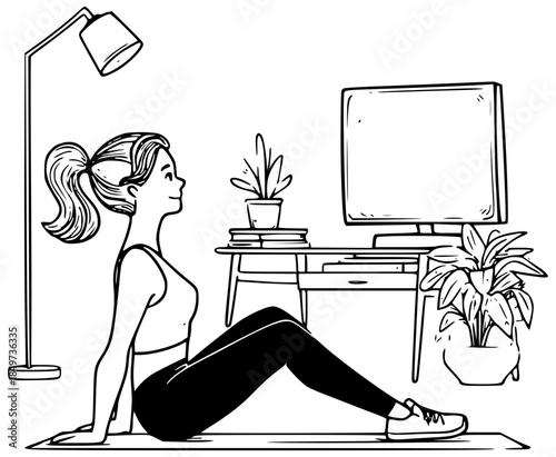 Woman doing home workout watching TV illustration