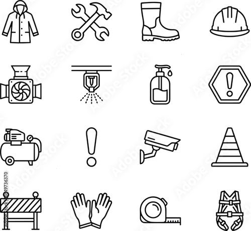 Industrial safety equipment line icons set showing construction tools protective gear warning symbols surveillance and maintenance workplace vector outline collection