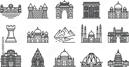 indian, landmarks, monuments, line, icons, set, architecture, heritage, travel, tourism, historical, culture, famous, buildings, asia, destinations, illustration, outline, city, collection