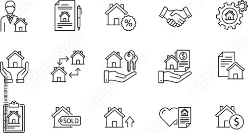 Real estate and property management line icons set featuring home sales mortgage contract handshake investment minimal outline vector