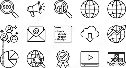 SEO and digital marketing line icons set illustrating analytics promotion web development global growth strategy vector outline symbols