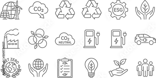 Renewable energy sustainability line icons set, ESG net zero recycling electric vehicle carbon neutral green business concept illustration vector outline