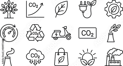 sustainability, environment, eco, line, icons, set, carbon, emission, co2, renewable, energy, green, technology, climate, change, recycling, ecology, clean, future, nature