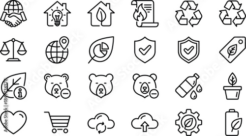 Sustainable ecology line icons set featuring recycling renewable energy environmental protection green technology conservation symbols for web app design use