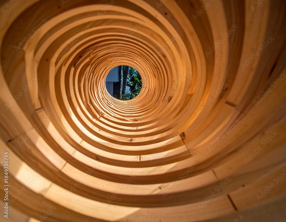 Obraz premium View through a spiral wooden structure, capturing a distant opening
