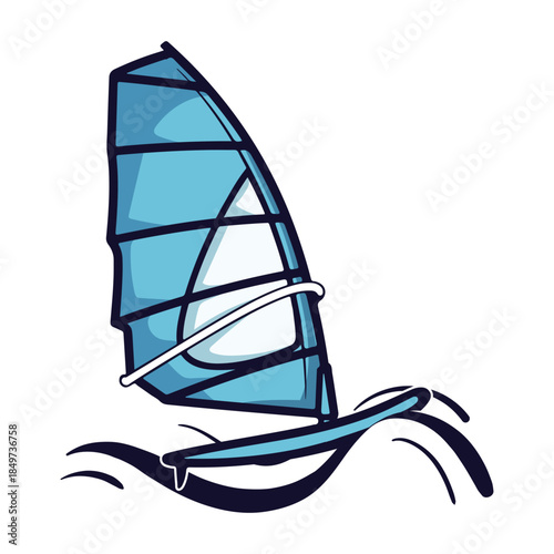 Windsurfing with light blue sail and board on waves isolated on white background
