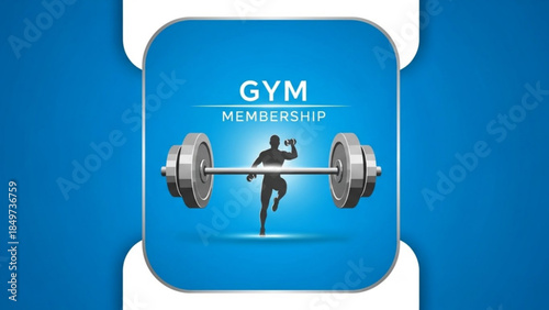 Gym membership badge with silhouette of runner and dumbbell on blue background