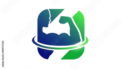 A muscular arm and human head silhouette in blue and green gradient colors forming a circle, symbolizing strength and mental power