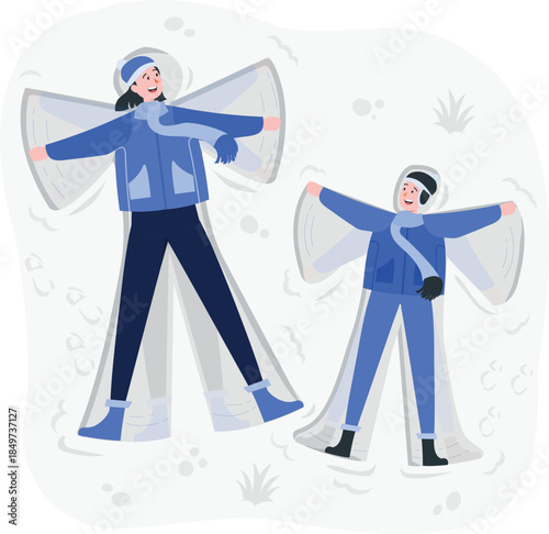 Two people making snow angels in winter clothing cold weather desi