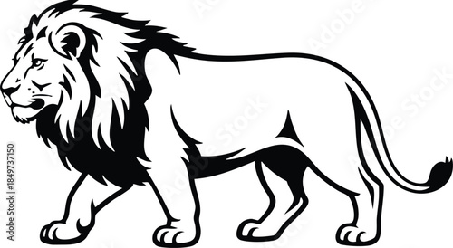 Black and White Lion Line Art Illustration, Stalking Male Lion Vector Graphic, Minimalist Lion Silhouette with Mane Detail, silhouette, illustration, vector.