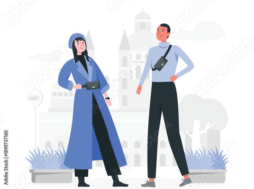 Two tourists standing in front of a cityscape couple travel blue clothing desig