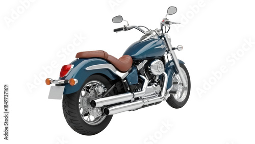 Isolated teal motorcycle with chrome pipes and brown leather seat against a light backdrop