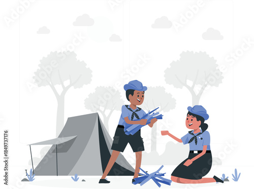 Two scouts in uniform collecting sticks near tent camping