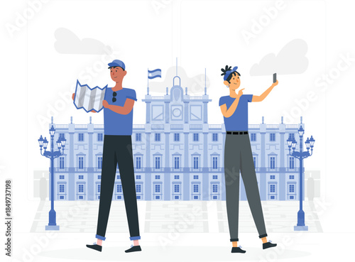 Two tourists taking and navigating with a map in front of a large building smartphone flag de