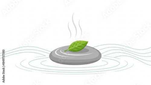A serene gray hot stone with steam rising and a single vibrant green leaf on top surrounded by rippling water