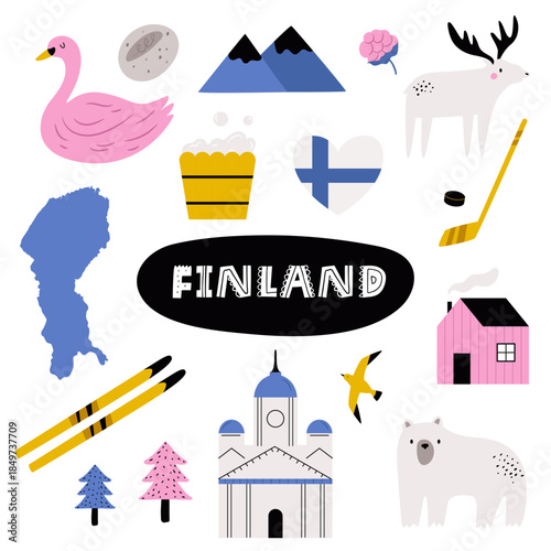 Cute Finland Design with Nordic Symbols. Cute Scandinavian Vector Illustration for Prints and Travel Design