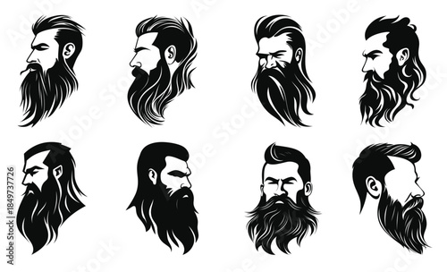 long beard vector black silhouette set different big beard