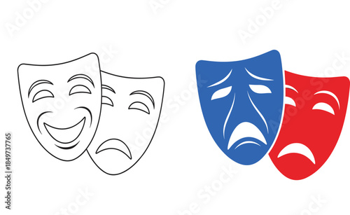 Comedy and tragedy theater mask set line art and color