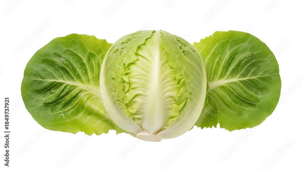 Fototapeta premium Isolated lettuce head with two outer leaves on either side, fresh, leafy vegetable
