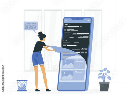 Woman deleting data from large smartphone screen data deletion coding computer screen