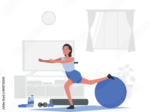 Woman exercising with fitness ball in home gym exercise de