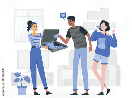 Woman holding box with blue puzzle pieces man and woman standing nearby people