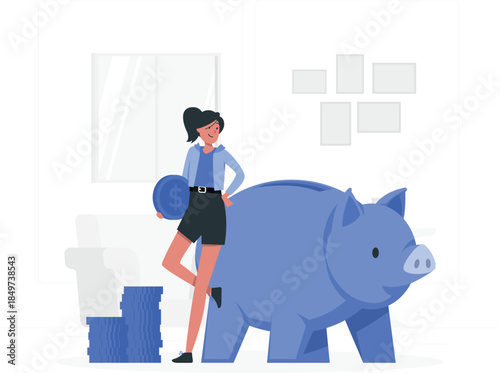 Woman holding coin standing next to piggy bank money saving