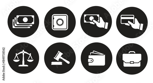 money finance payments icons set white on a black background