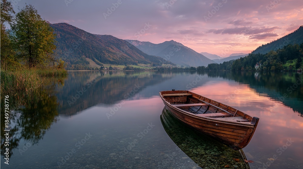 Obraz premium Serene wooden boat on calm lake at dusk with mountain backdrop
