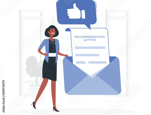 Woman holding large blue envelope with recommendation letter and thumbs up businesswoman cartoon des