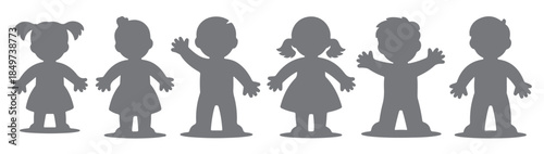 six gray child silhouettes diverse poses simple cartoon
