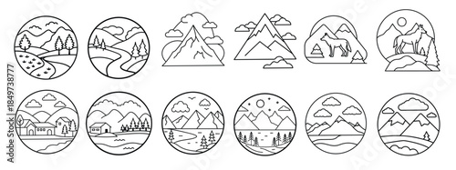 mountain landscape icons line art nature scenes wolves hills