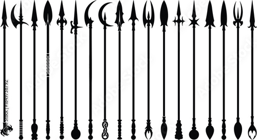 Fantasy spear weapon silhouettes collection featuring ancient polearms halberds tridents decorative blades isolated white background vector illustration, for game design