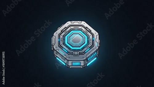 Glowing blue and grey futuristic technology component with hexagonal design on dark background for sci fi themed projects