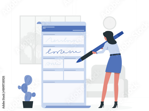 Woman holding large blue pen standing next to wireframe on white background with cactus website desi