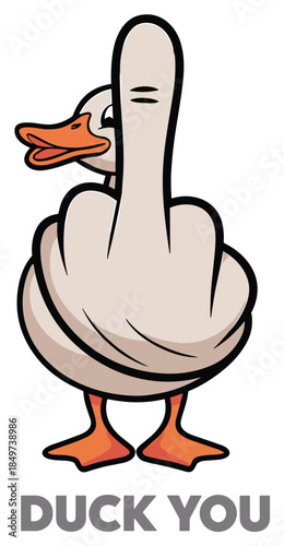 Vector Illustration of a Funny Rebellious Duck Character Showing Middle Finger Gesture with Pun Text Duck You
