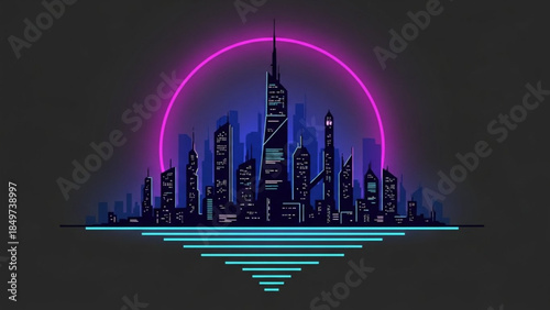 A futuristic cityscape at dusk with neon lights and a vibrant pink circle behind skyscrapers, urban landscape with blue glow lines